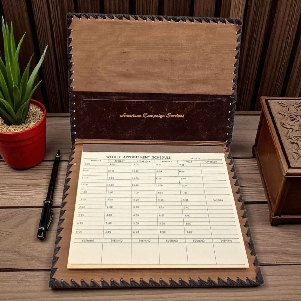 Handmade Vintage Italian Embossed Leather Portfolio Weekly Appointment Notebook